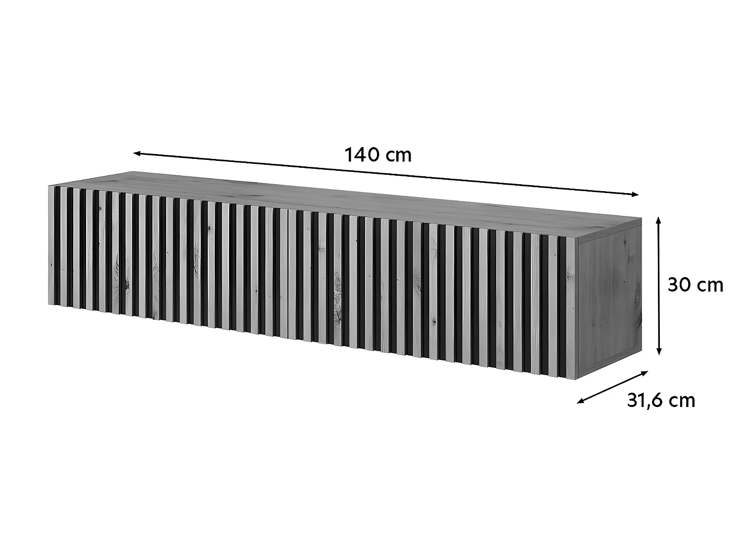 Meuble TV 140 cm - noir avec façade artisanale chêne fraisé - TELIRE
