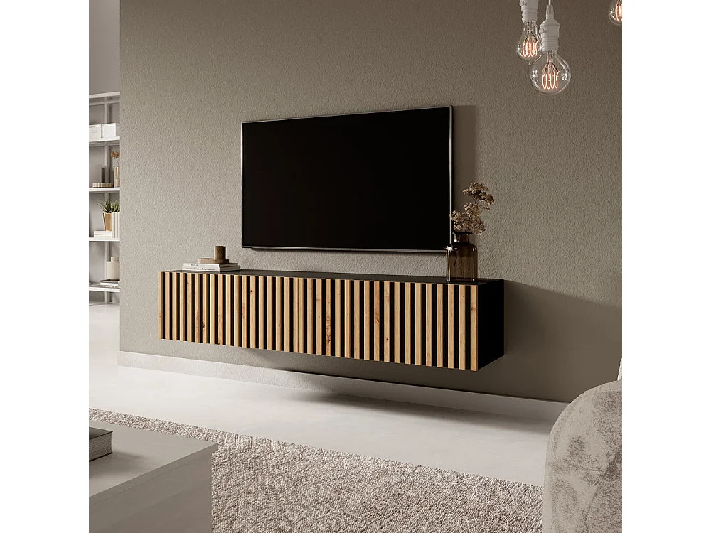 Meuble TV 140 cm - noir avec façade artisanale chêne fraisé - TELIRE