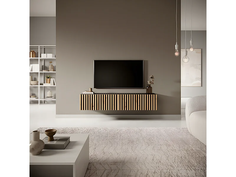 Meuble TV 140 cm - noir avec façade artisanale chêne fraisé - TELIRE