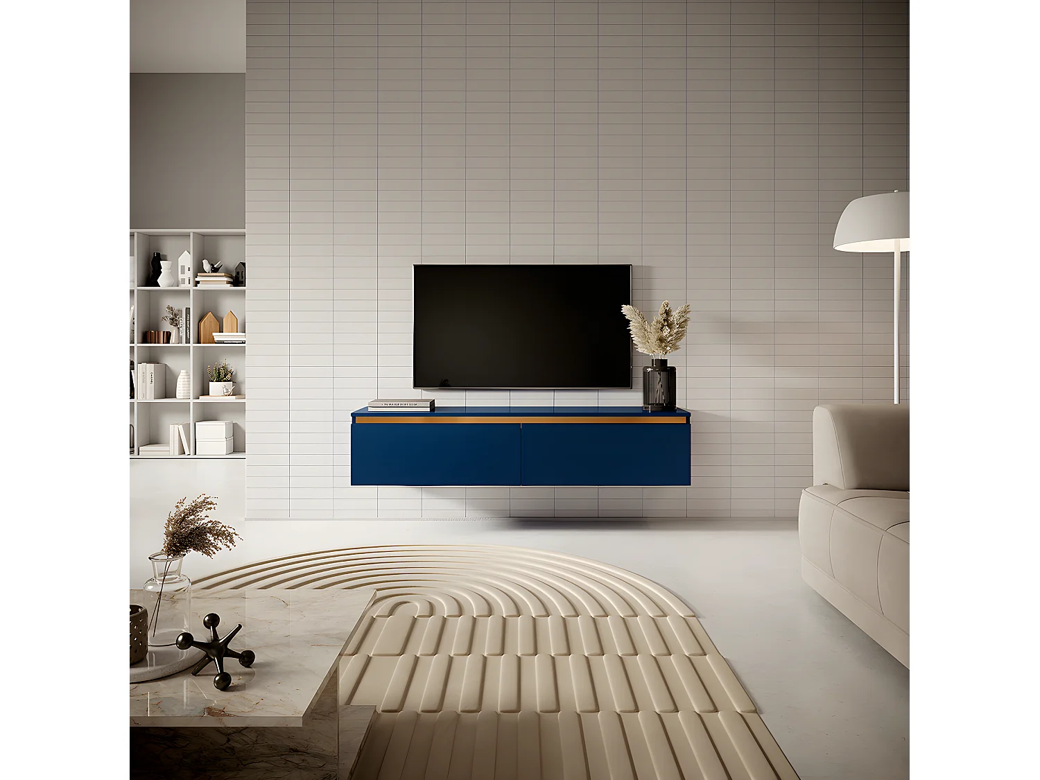 Mueble de TV colgante - azul marino con inserto dorado - 140 cm - Seney