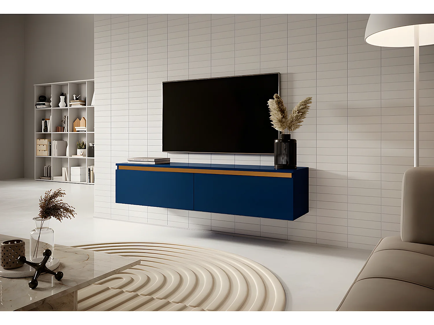 Mueble de TV colgante - azul marino con inserto dorado - 140 cm - Seney