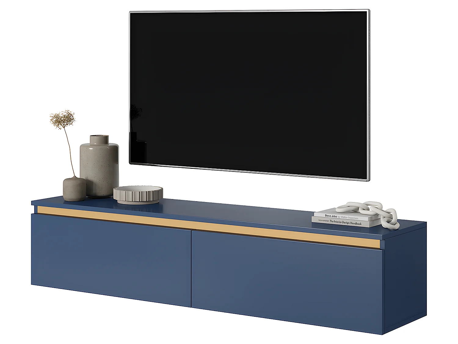 Mueble de TV colgante - azul marino con inserto dorado - 140 cm - Seney