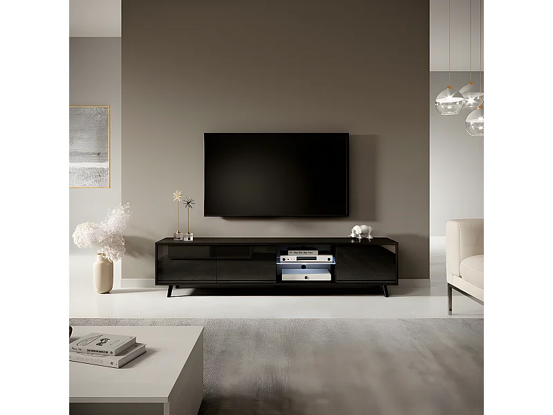 Fernsehschrank / modernes TV-Board mit Füßen und LED -175 cm breit -Schwarz Matt / Schwarz Hochglanz - GALHAD