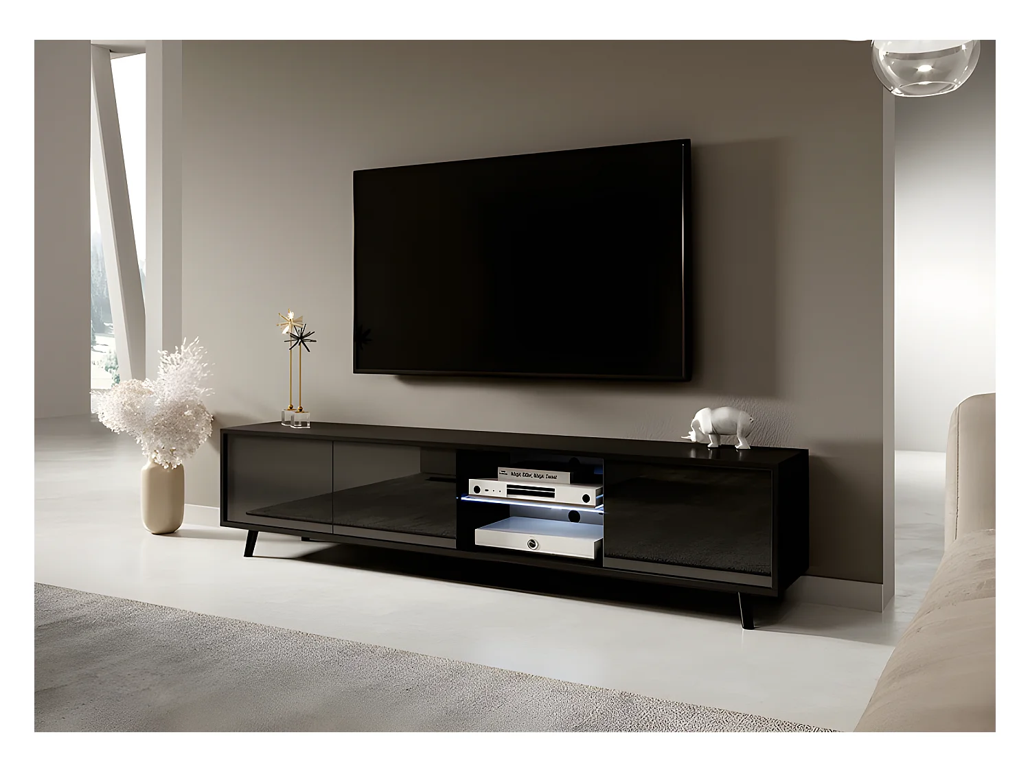 Fernsehschrank / modernes TV-Board mit Füßen und LED -175 cm breit -Schwarz Matt / Schwarz Hochglanz - GALHAD