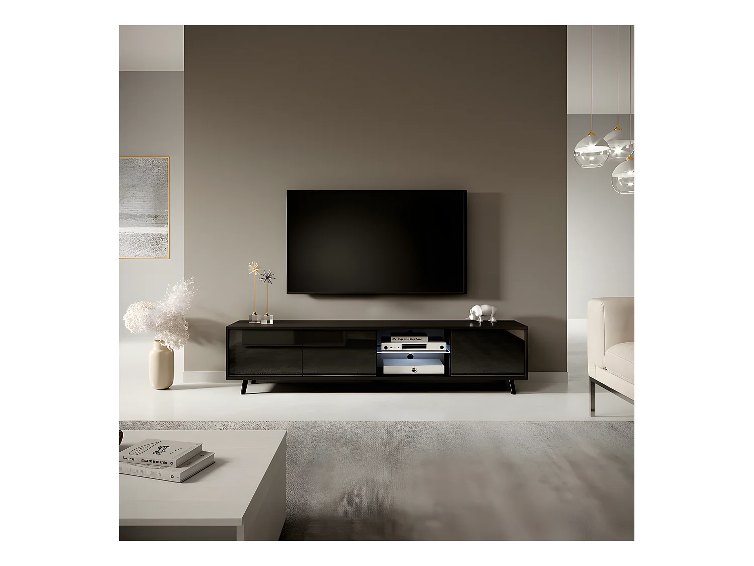 TV-meubel / TV-bank - matzwart / glanzend zwart, 175 cm, LED-verlichting - GALHAD