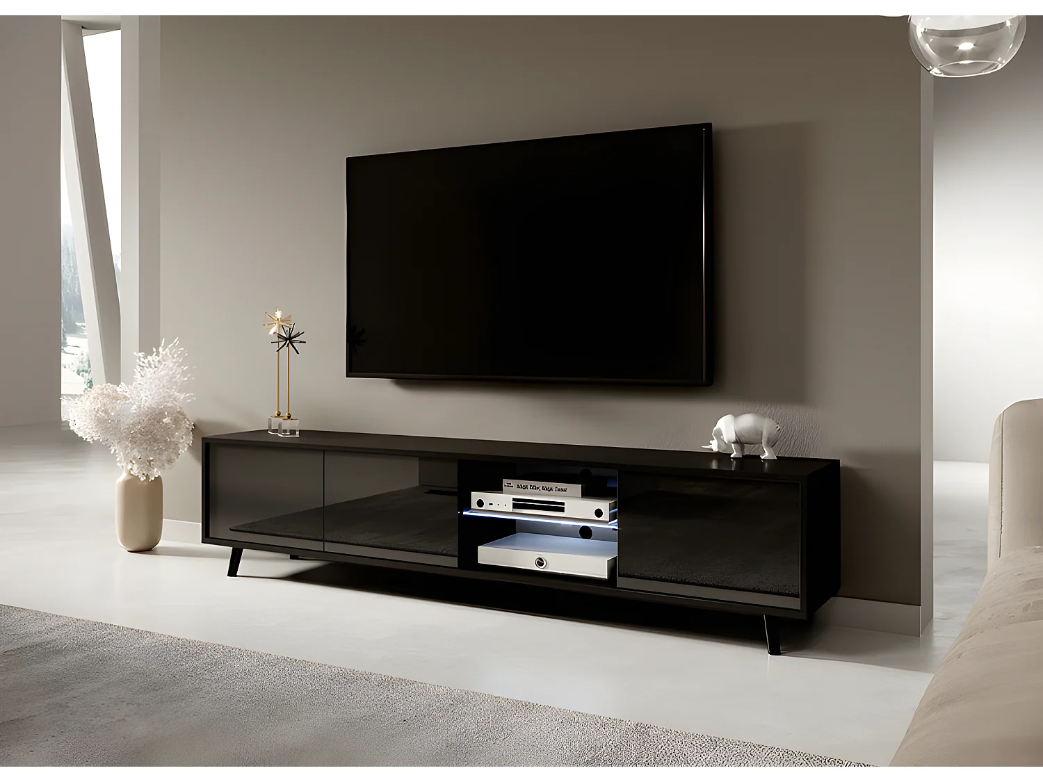 Meuble tv / Banc tv - noir mat / noir brillant, 175 cm, éclairage LED - GALHAD