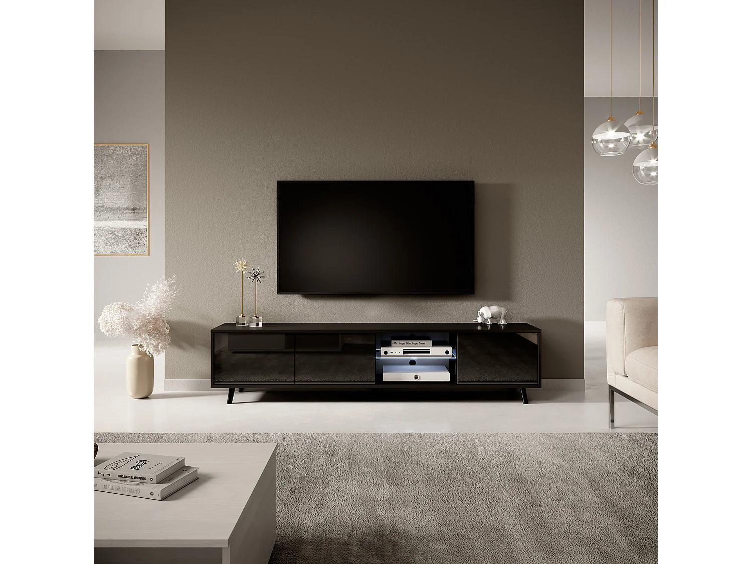TV-Ständer / TV-Bank - Mattschwarz / Hochglanzschwarz, 175 cm, LED-Beleuchtung - GALHAD