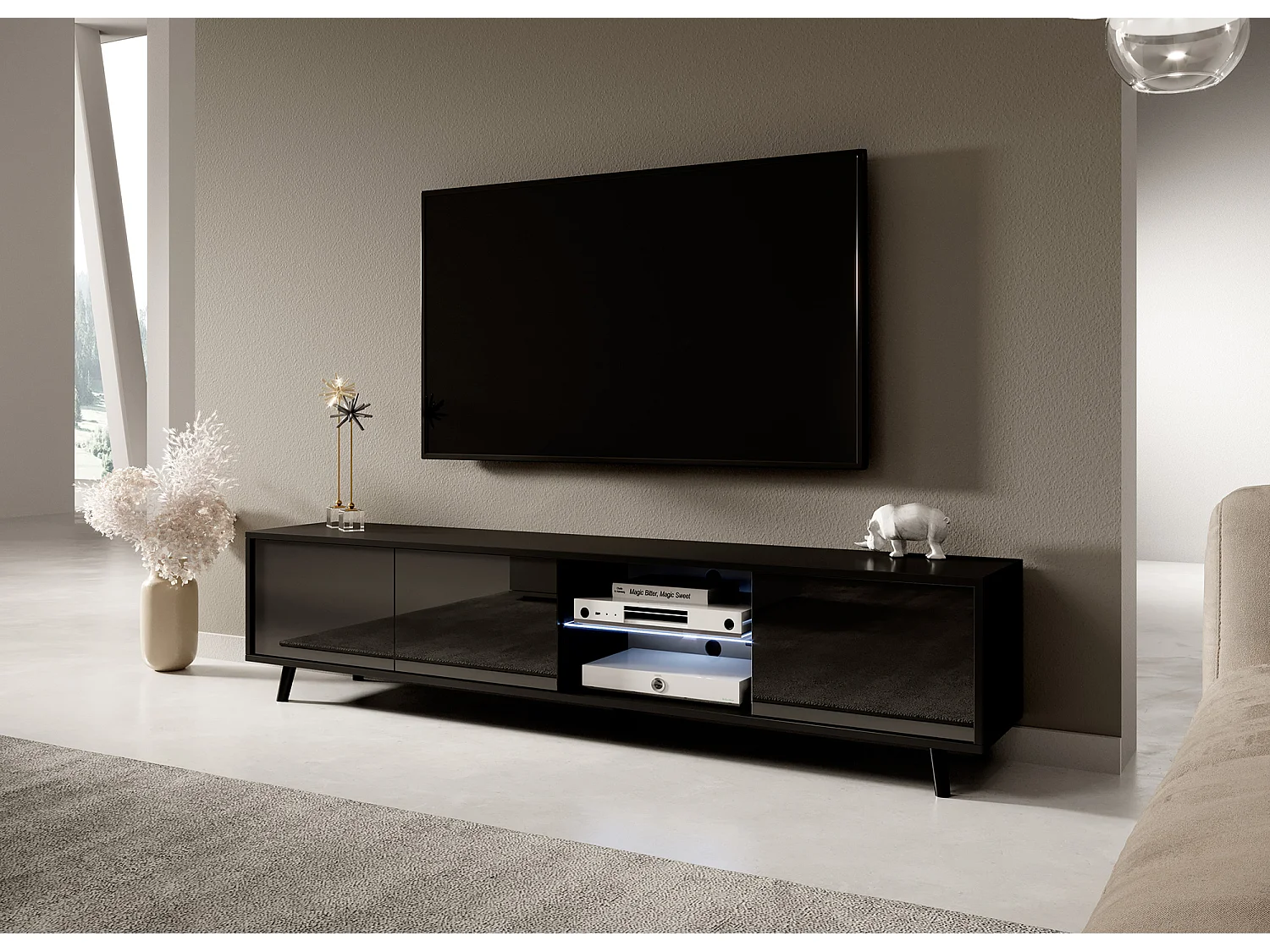 TV-Ständer / TV-Bank - Mattschwarz / Hochglanzschwarz, 175 cm, LED-Beleuchtung - GALHAD