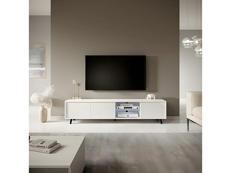 Fernsehschrank / modernes TV-Board mit Füßen und LED -175 cm breit -Weiß Matt / Weiß Hochglanz - GALHAD