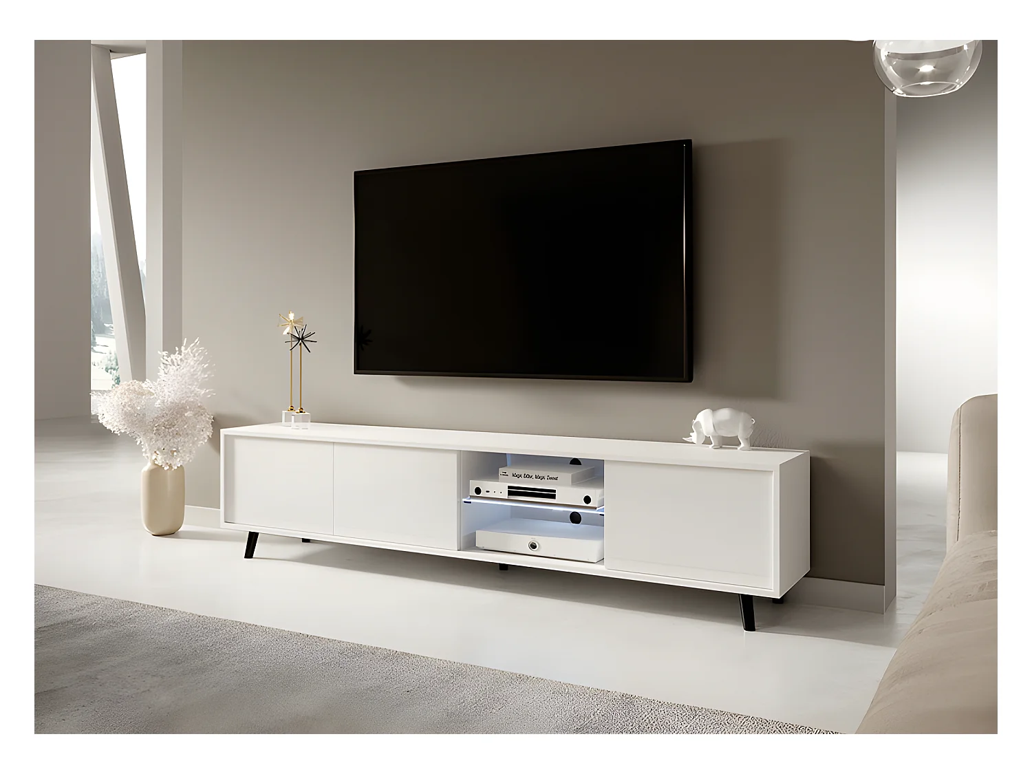 Meuble tv / Banc tv - blanc mat / blanc brillant, 175 cm, éclairage LED - GALHAD