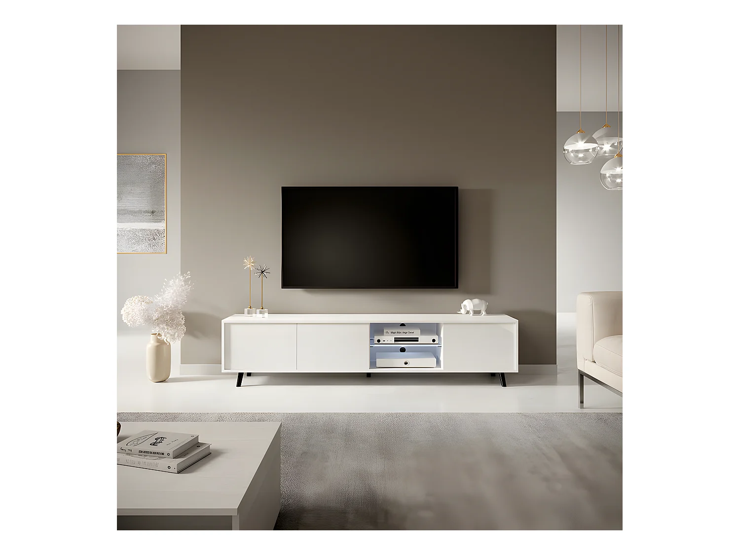 TV-meubel / TV-bank - mat wit / glanzend wit, 175 cm, LED-verlichting - GALHAD