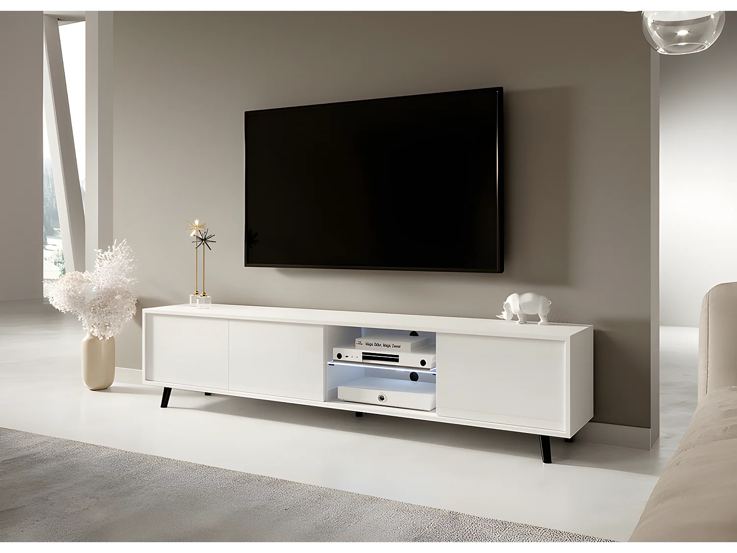 Fernsehschrank / modernes TV-Board mit Füßen und LED -175 cm breit -Weiß Matt / Weiß Hochglanz - GALHAD