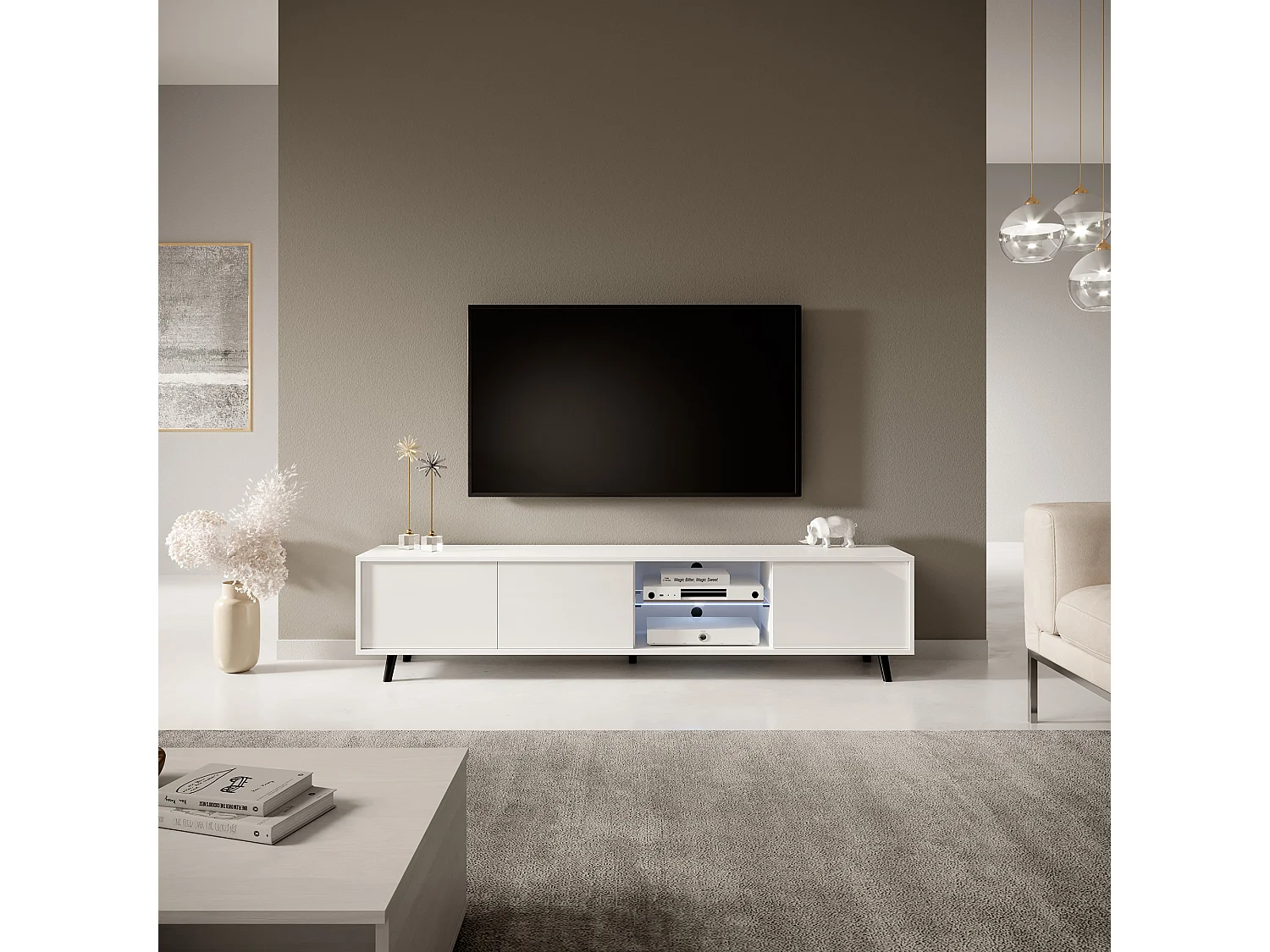 TV-Ständer / TV-Bank - mattweiß / glänzendweiß, 175 cm, LED-Beleuchtung - GALHAD