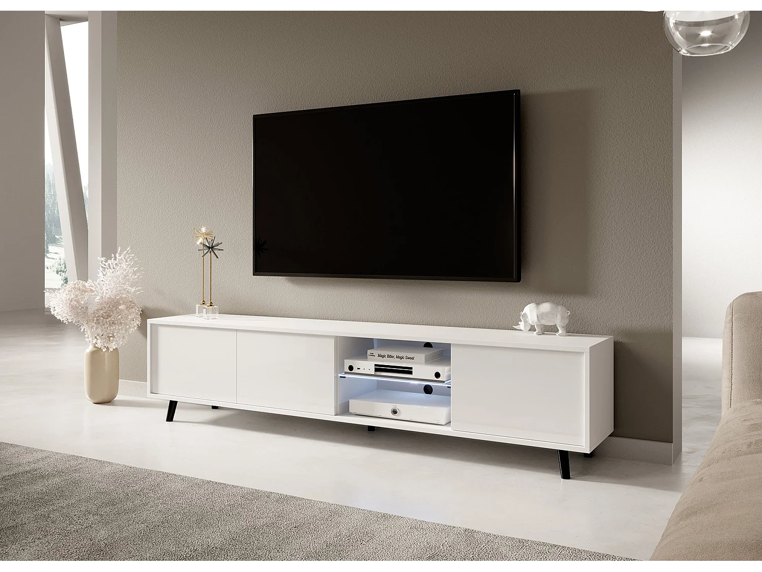 Meuble tv / Banc tv - blanc mat / blanc brillant, 175 cm, éclairage LED - GALHAD