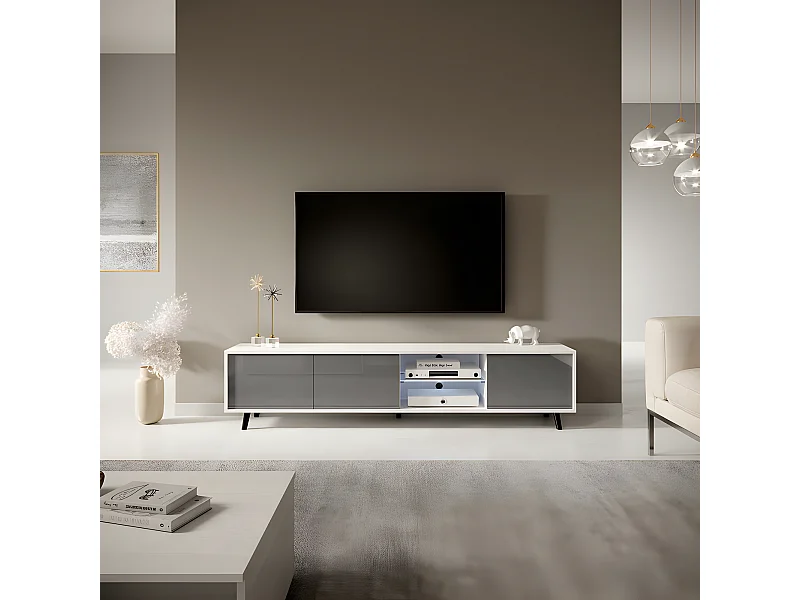 Fernsehschrank / modernes TV-Board mit Füßen und LED - 175 cm breit -Weiß Matt / Grau Hochglanz - GALHAD