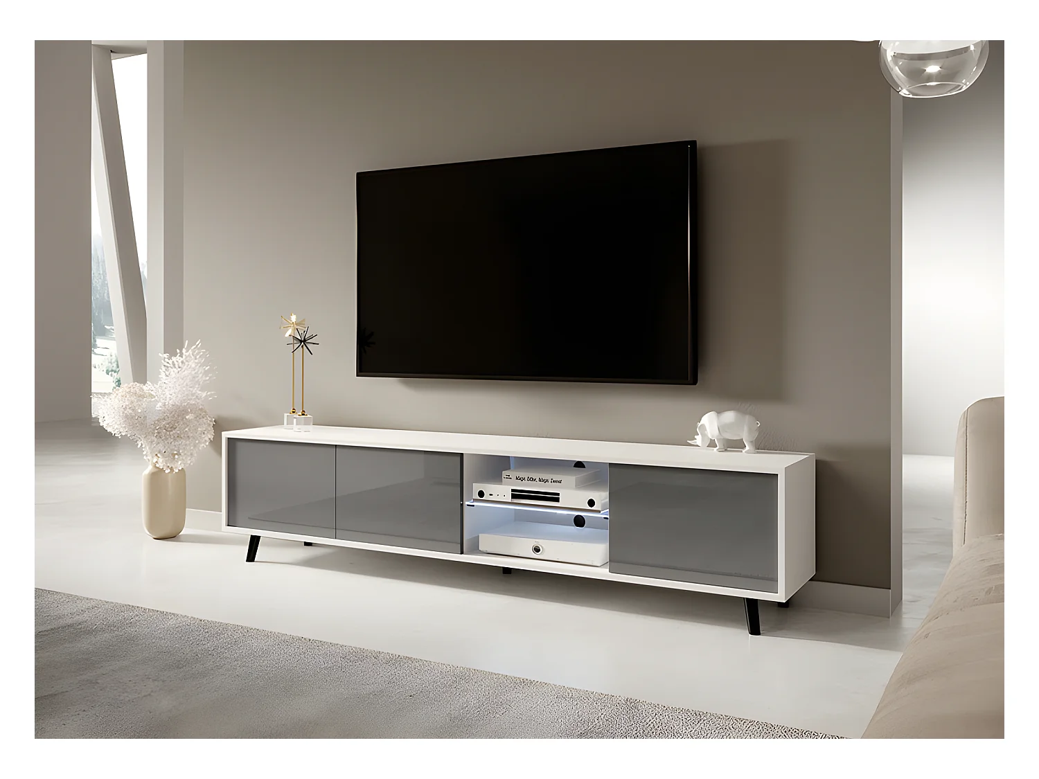 Fernsehschrank / modernes TV-Board mit Füßen und LED - 175 cm breit -Weiß Matt / Grau Hochglanz - GALHAD