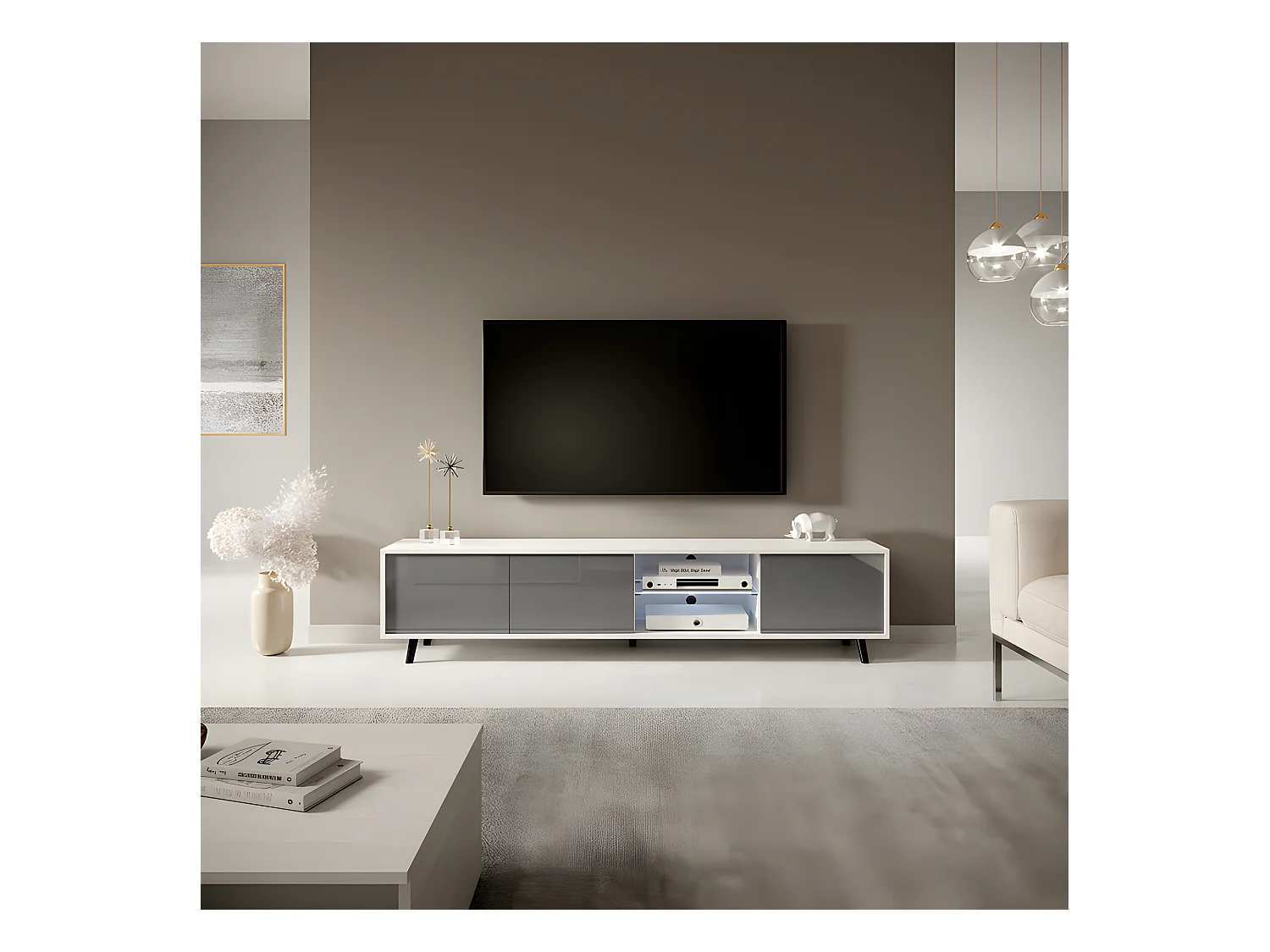 Meuble tv / Banc tv - blanc mat / gris brillant, 175 cm, éclairage LED - GALHAD