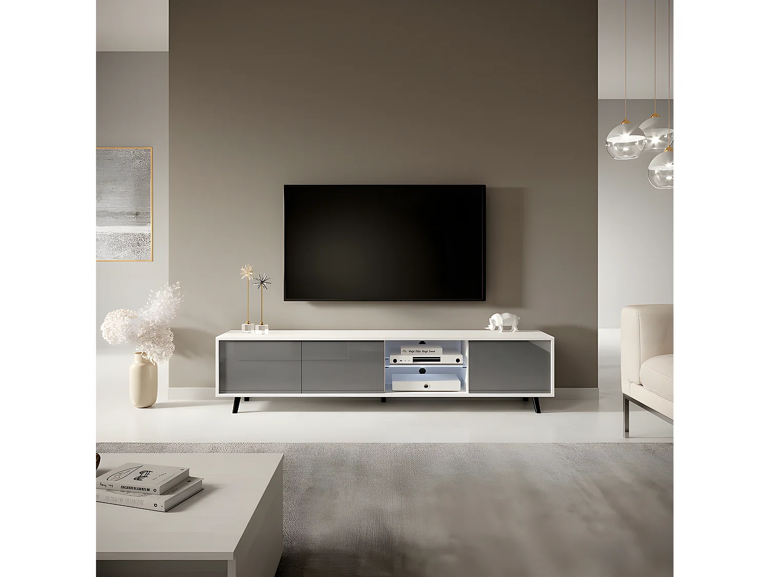 Meuble tv / Banc tv - blanc mat / gris brillant, 175 cm, éclairage LED - GALHAD