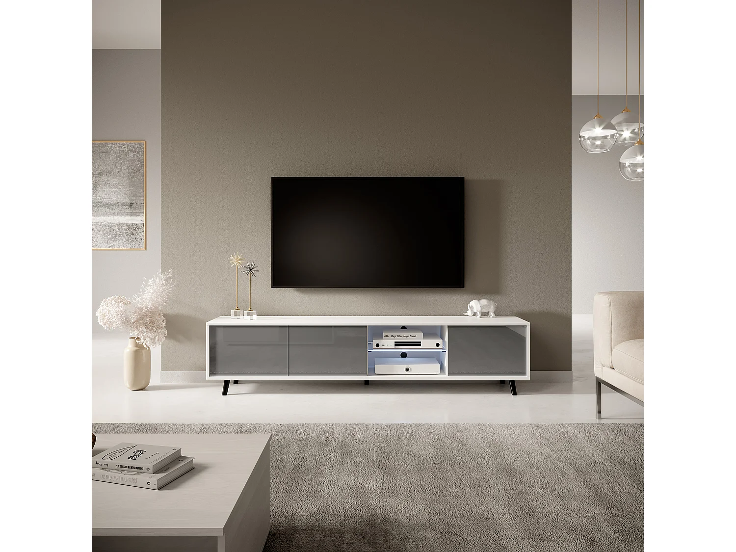 TV-Ständer / TV-Bank - mattweiß / glänzend grau, 175 cm, LED-Beleuchtung - GALHAD