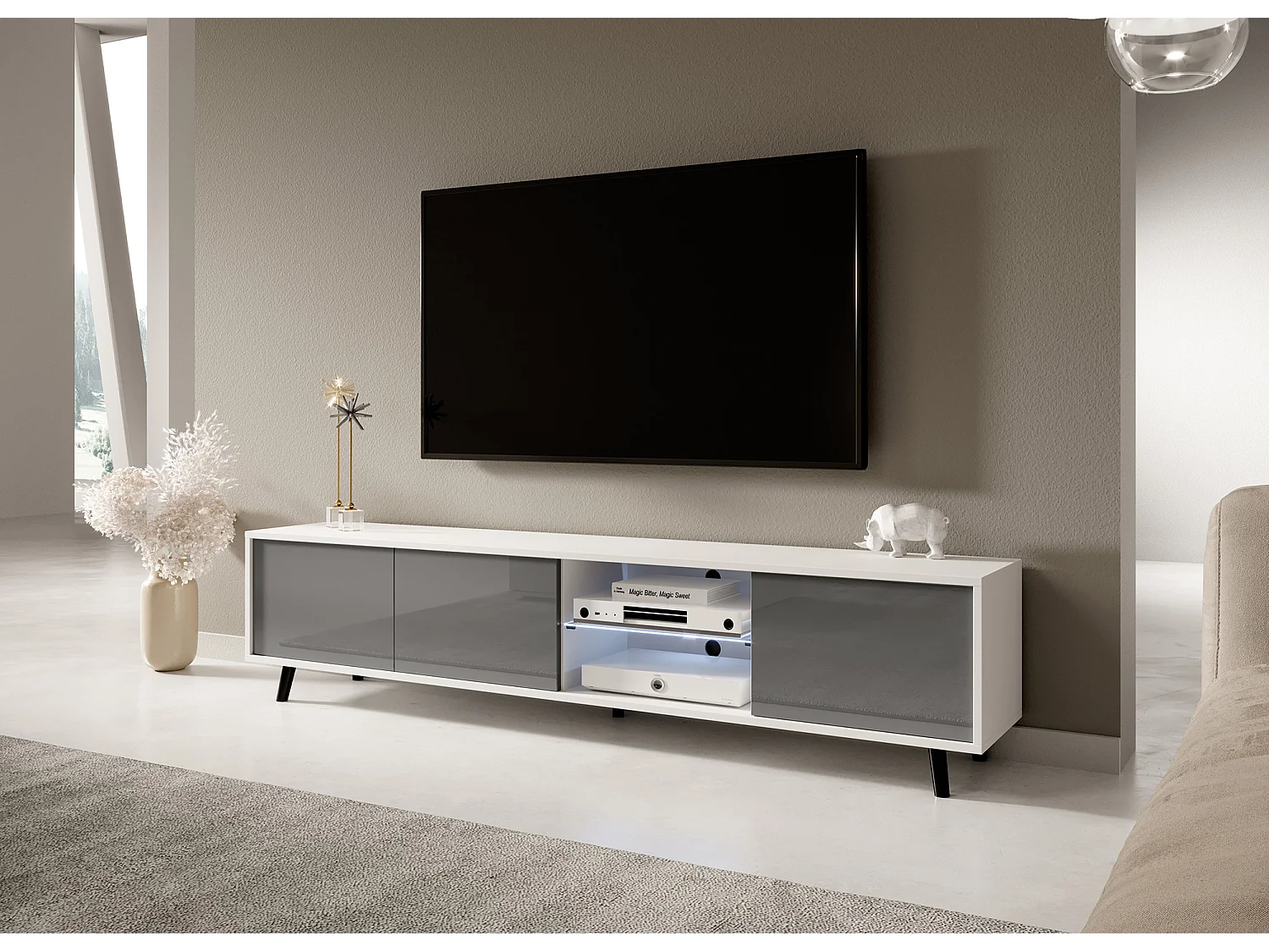 TV-Ständer / TV-Bank - mattweiß / glänzend grau, 175 cm, LED-Beleuchtung - GALHAD