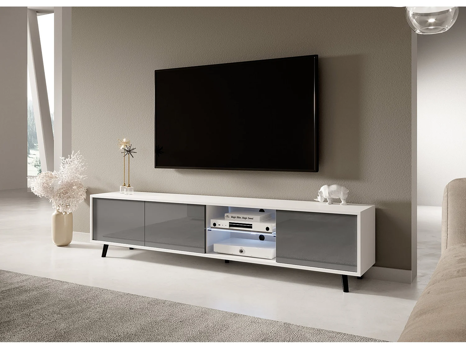 Meuble tv / Banc tv - blanc mat / gris brillant, 175 cm, éclairage LED - GALHAD