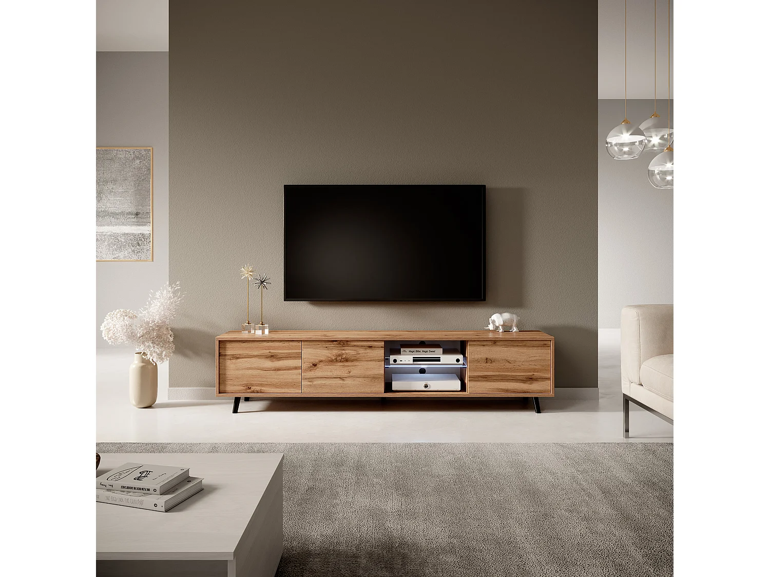 TV-Ständer / TV-Bank - Wotan-Eiche, 175 cm, LED-Beleuchtung - GALHAD