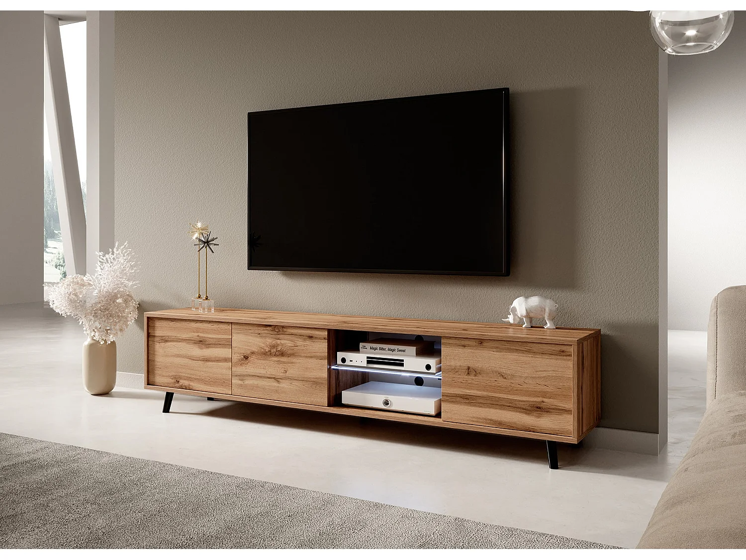Meuble tv / Banc tv - chêne wotan, 175 cm, éclairage LED - GALHAD