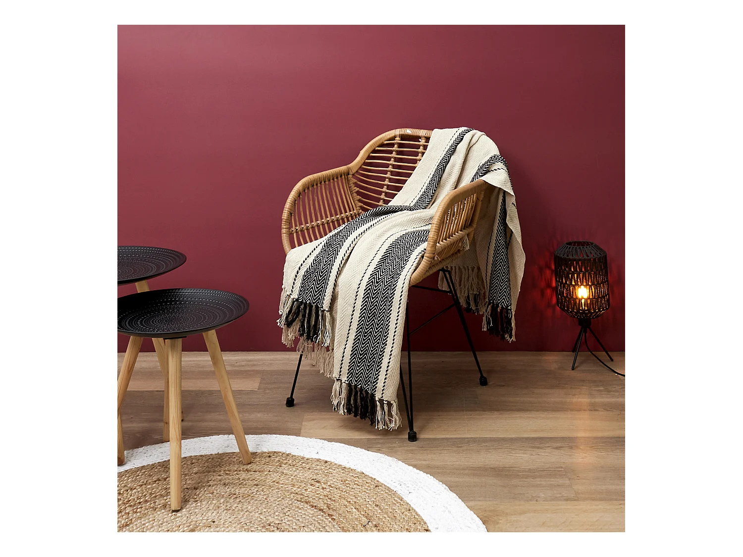 Plaid/jete Berbere A Rayure 120x150cm Beige, Noir