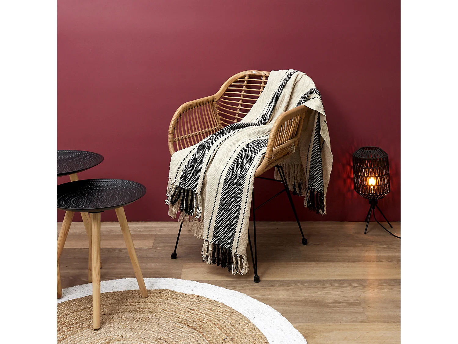 Plaid/jete Berbere A Rayure 120x150cm Beige, Noir