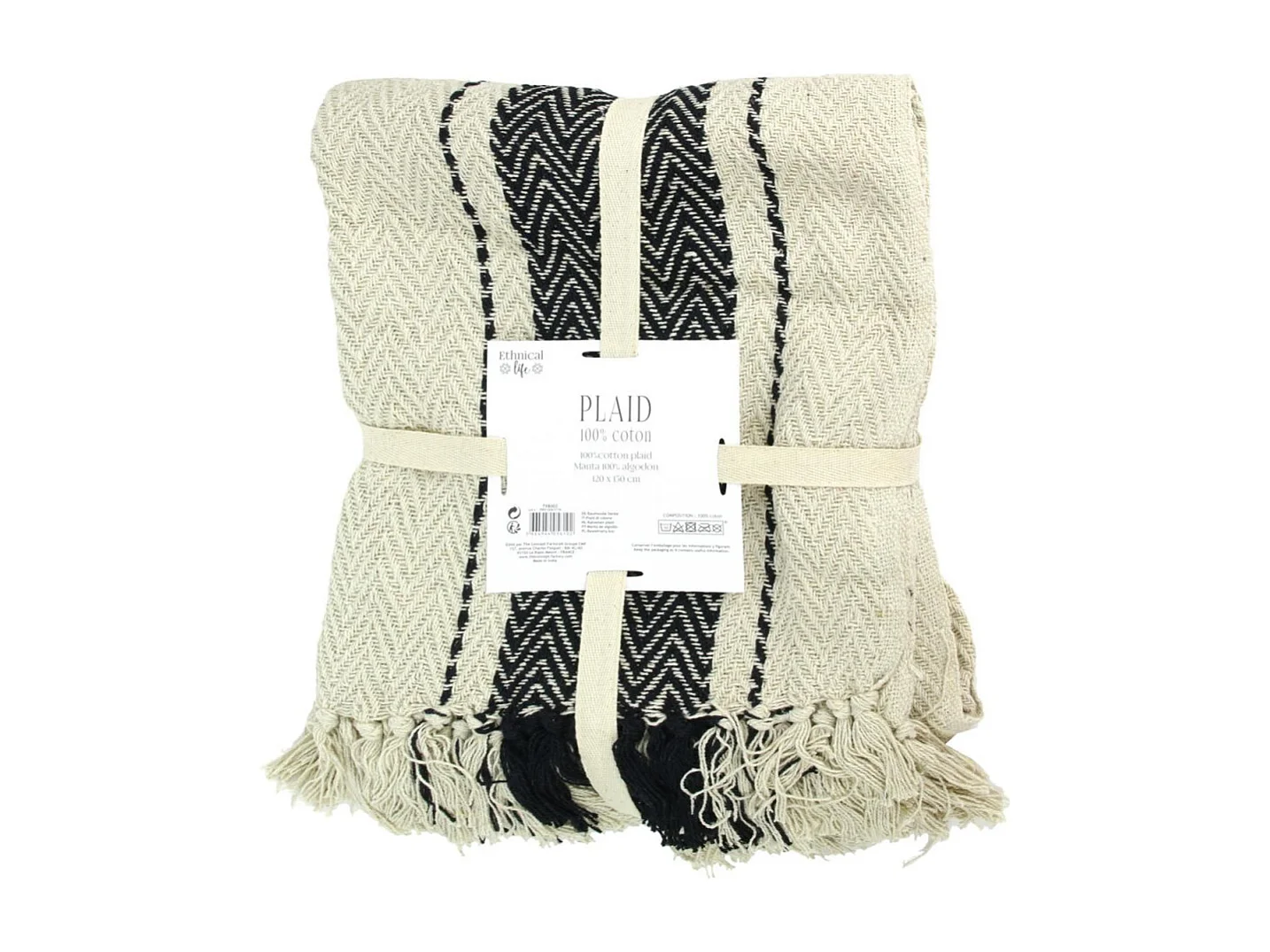 Plaid/jete Berbere A Rayure 120x150cm Beige, Noir