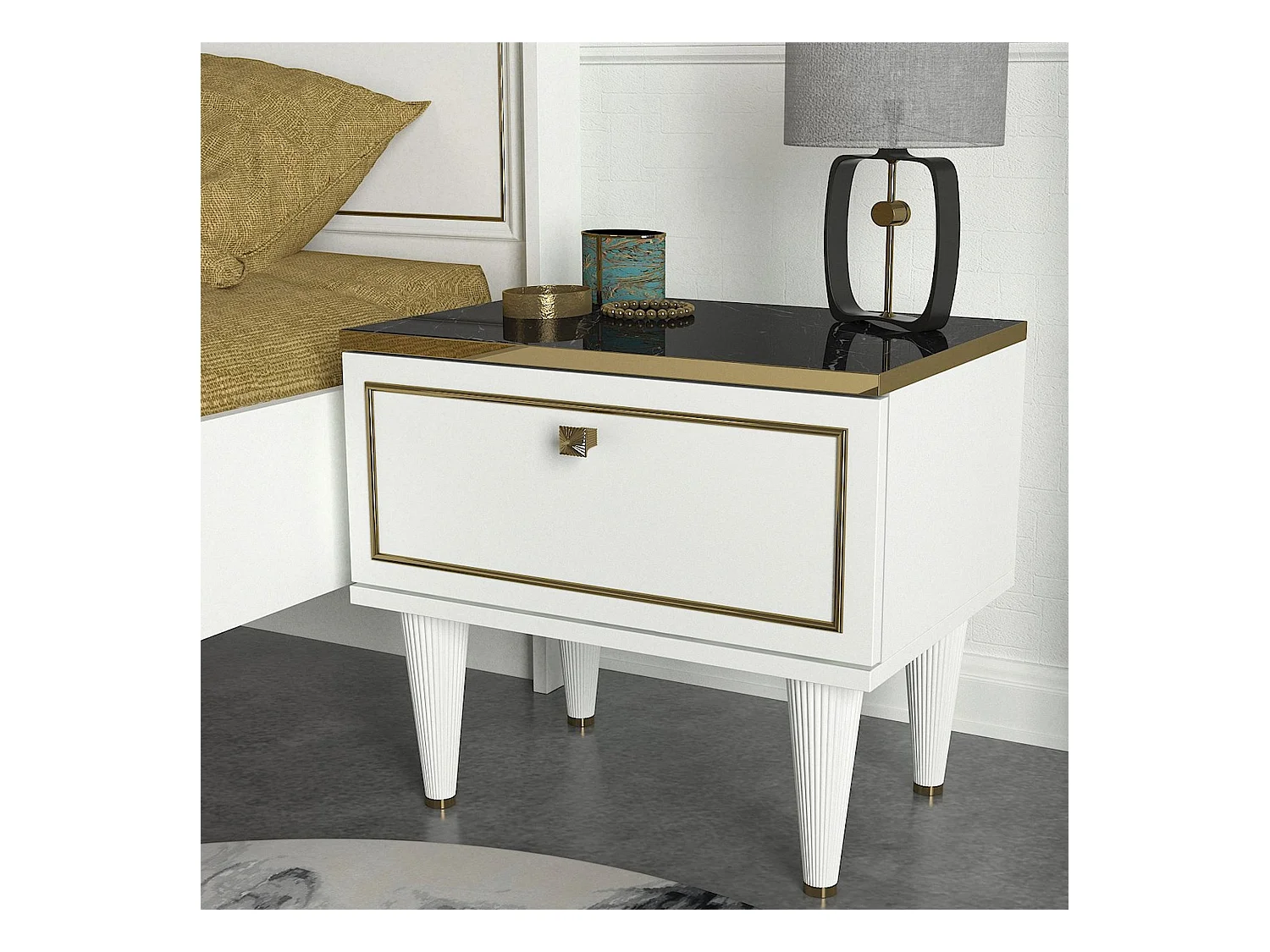 Table de chevet 100% aggloméré plaqué mélamine, couleur blanc te noir 50x47.2x34.8