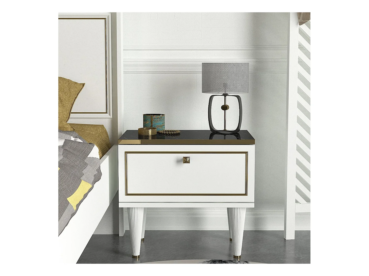 Table de chevet 100% aggloméré plaqué mélamine, couleur blanc te noir 50x47.2x34.8