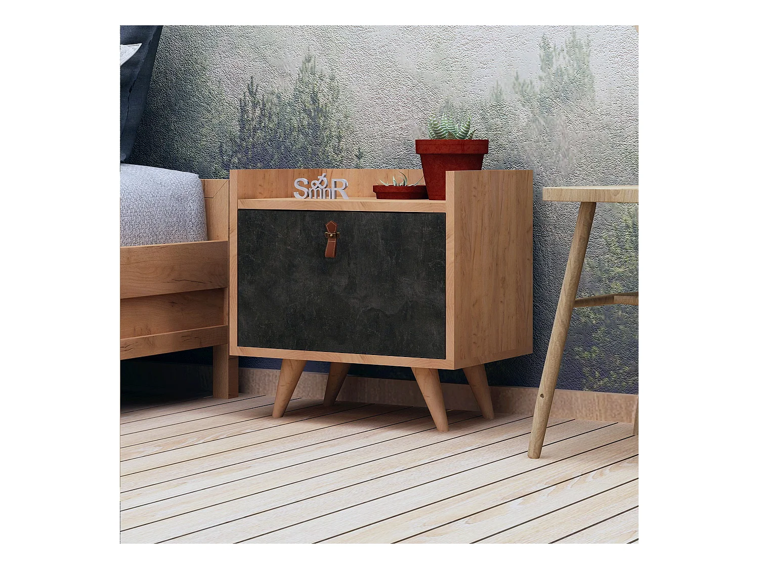 Table de chevet 100 % aggloméré plaqué mélamine, couleur chêne béton foncé 50x55x40