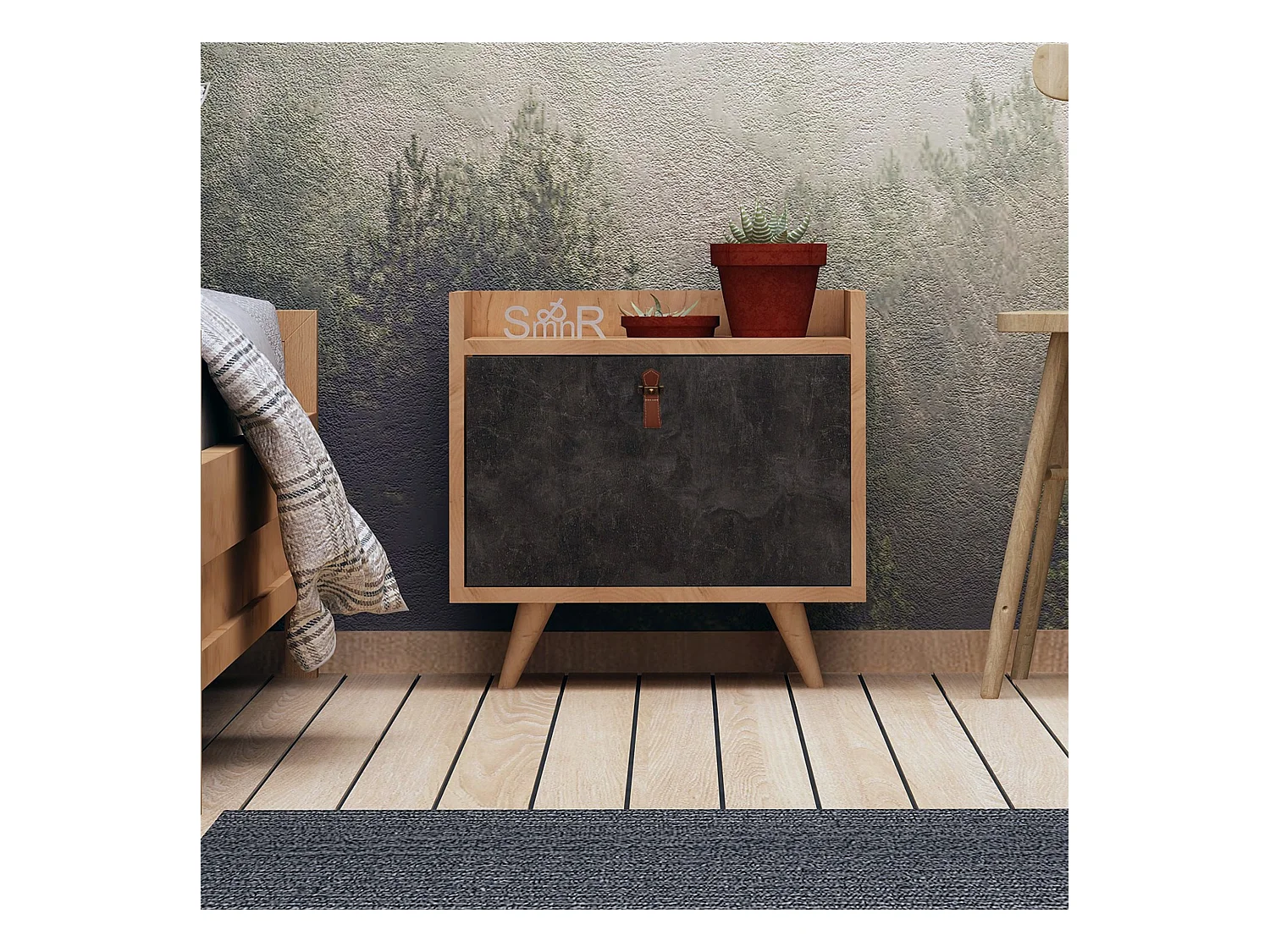 Table de chevet 100 % aggloméré plaqué mélamine, couleur chêne béton foncé 50x55x40