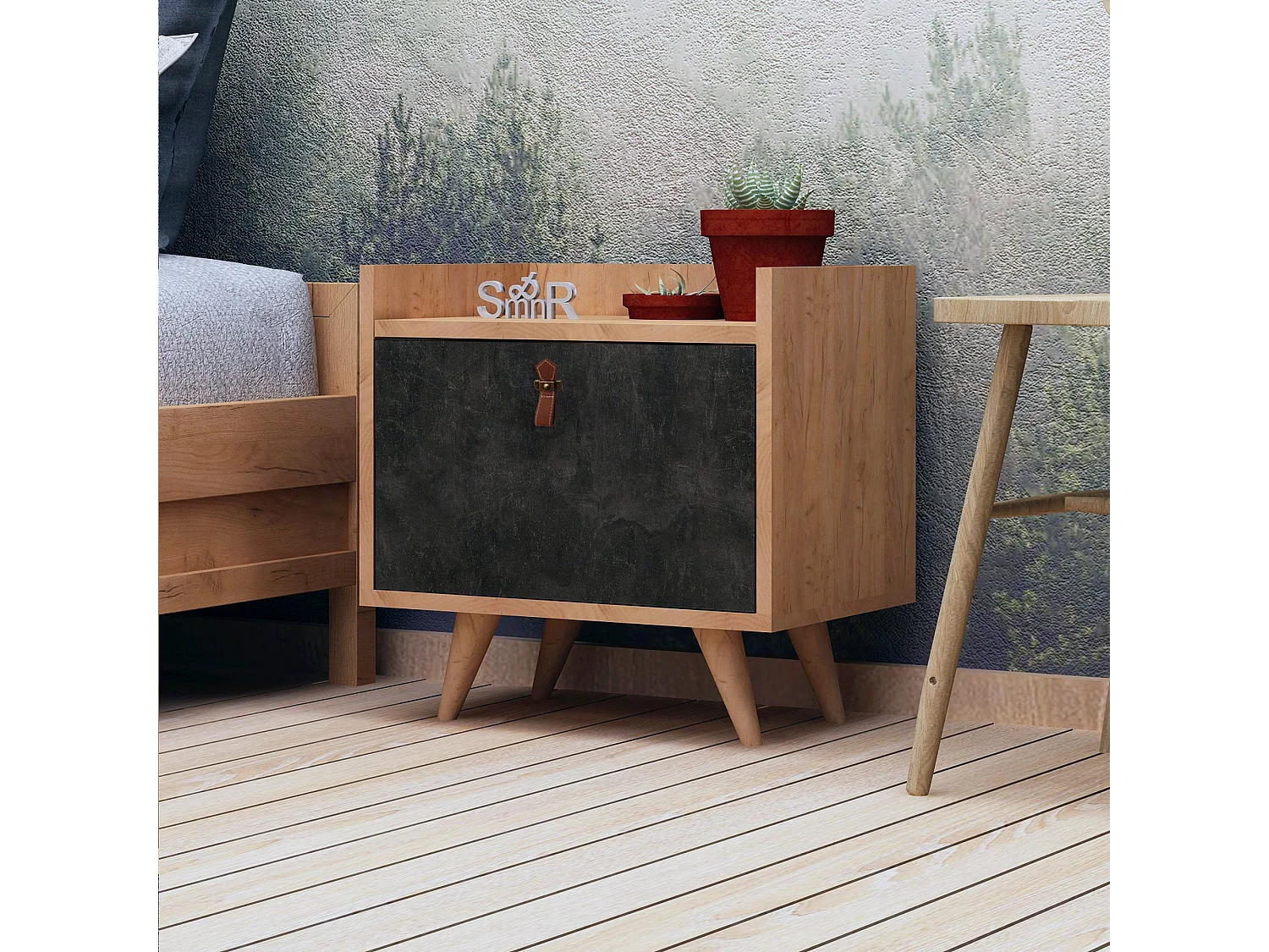 Table de chevet 100 % aggloméré plaqué mélamine, couleur chêne béton foncé 50x55x40