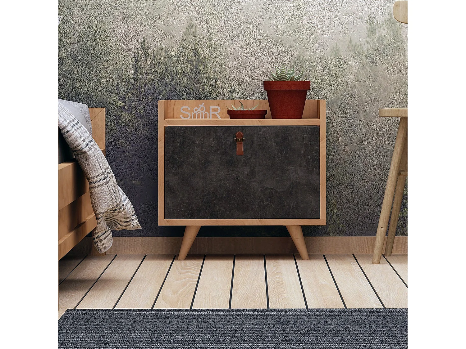 Table de chevet 100 % aggloméré plaqué mélamine, couleur chêne béton foncé 50x55x40