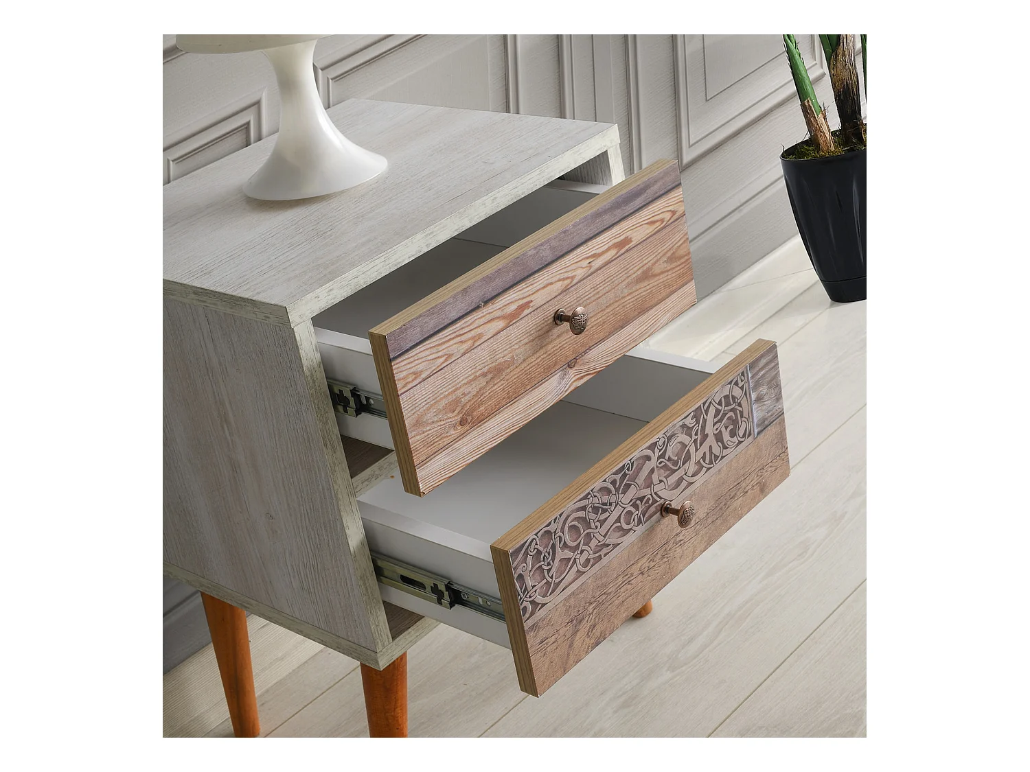 Table de chevet 100% aggloméré plaqué mélamine, couleur blanc noyer 40x55x35