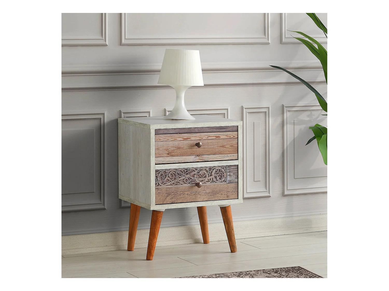 Table de chevet 100% aggloméré plaqué mélamine, couleur blanc noyer 40x55x35