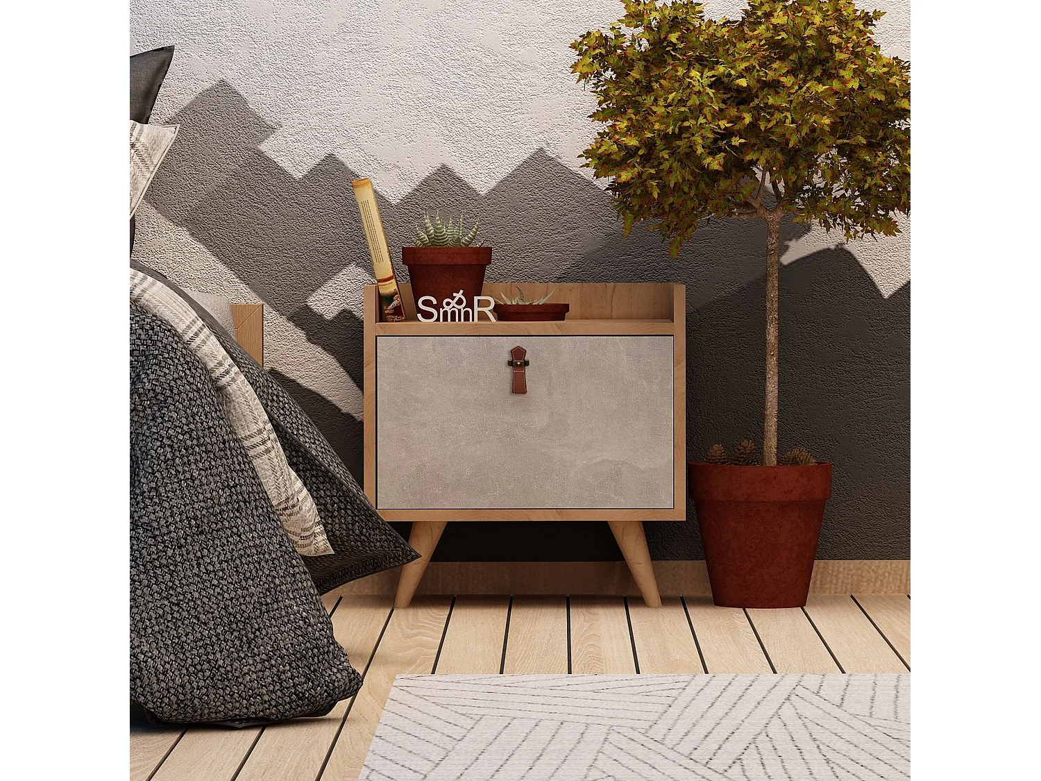 Table de chevet 100 % aggloméré plaqué mélamine, couleur chêne blanc 50x55x40