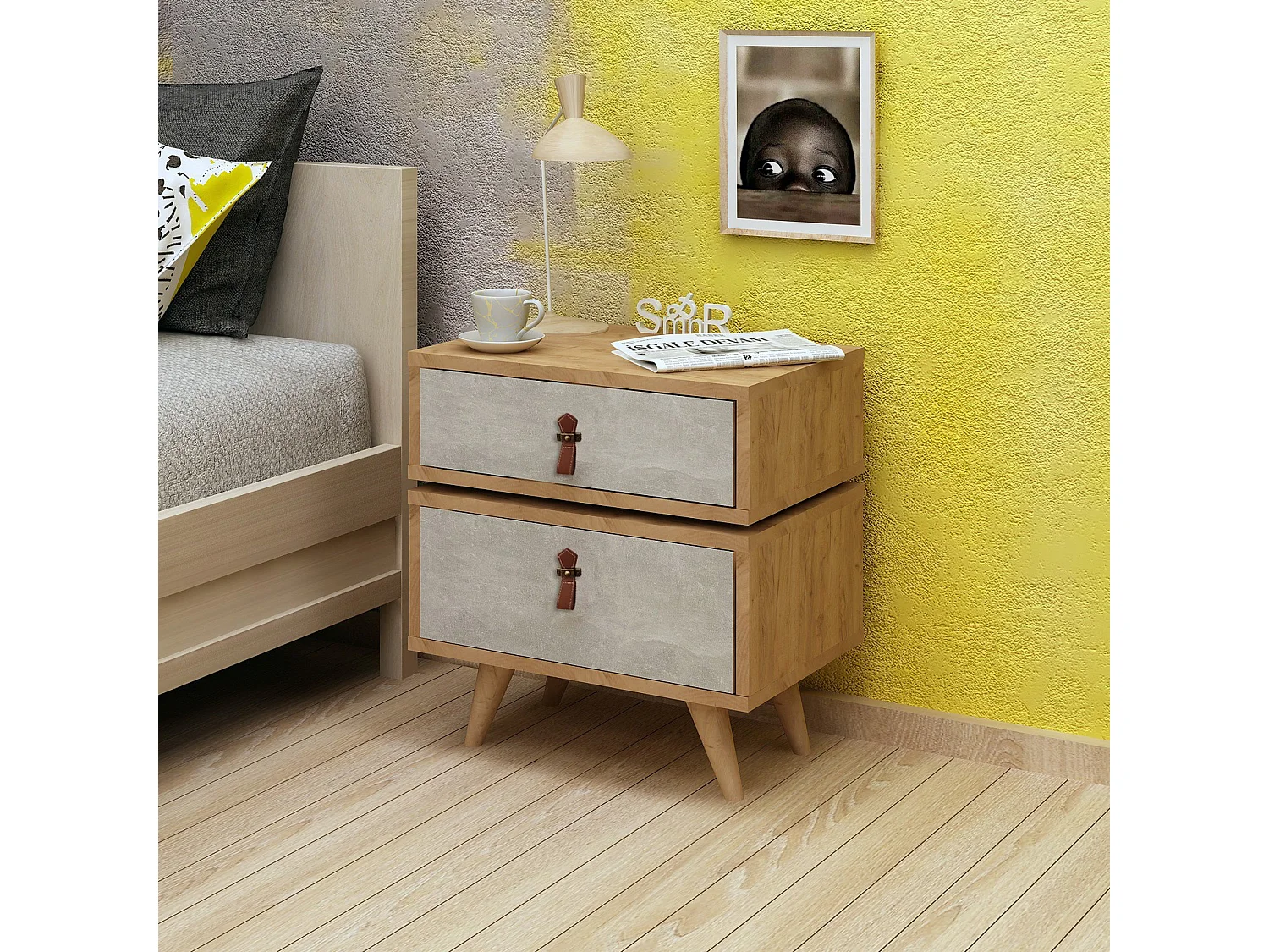 Table de chevet 100 % aggloméré plaqué mélamine, couleur chêne blanc 50x59x40