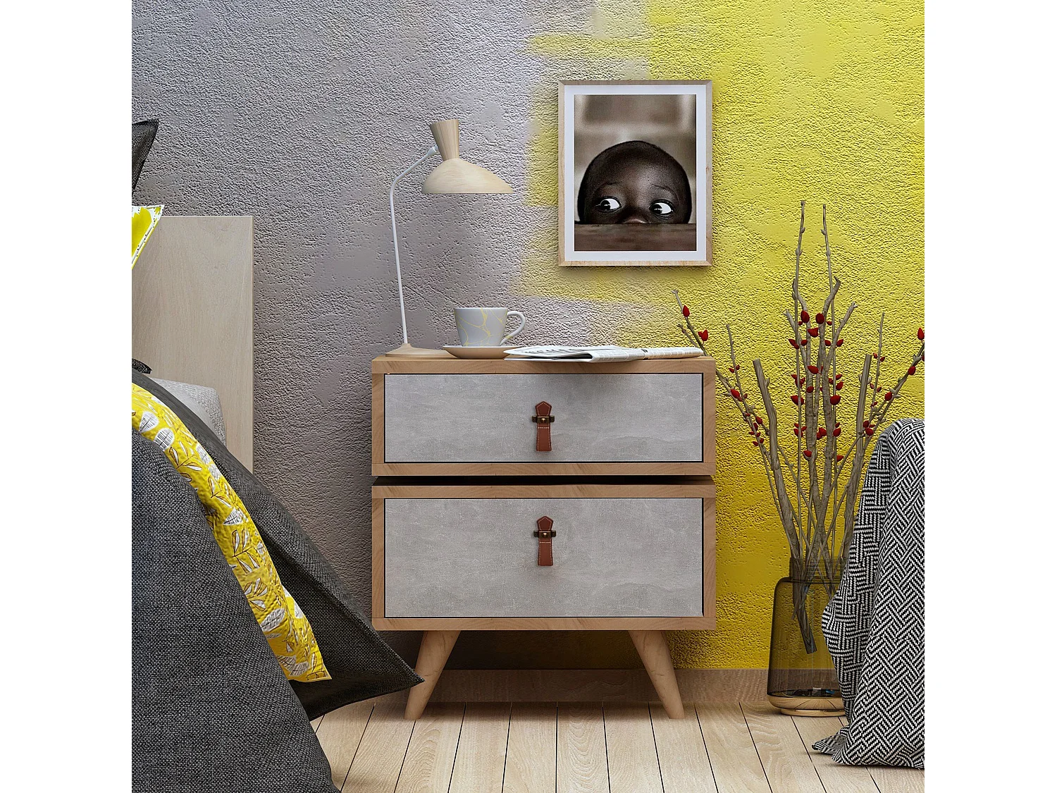 Table de chevet 100 % aggloméré plaqué mélamine, couleur chêne blanc 50x59x40