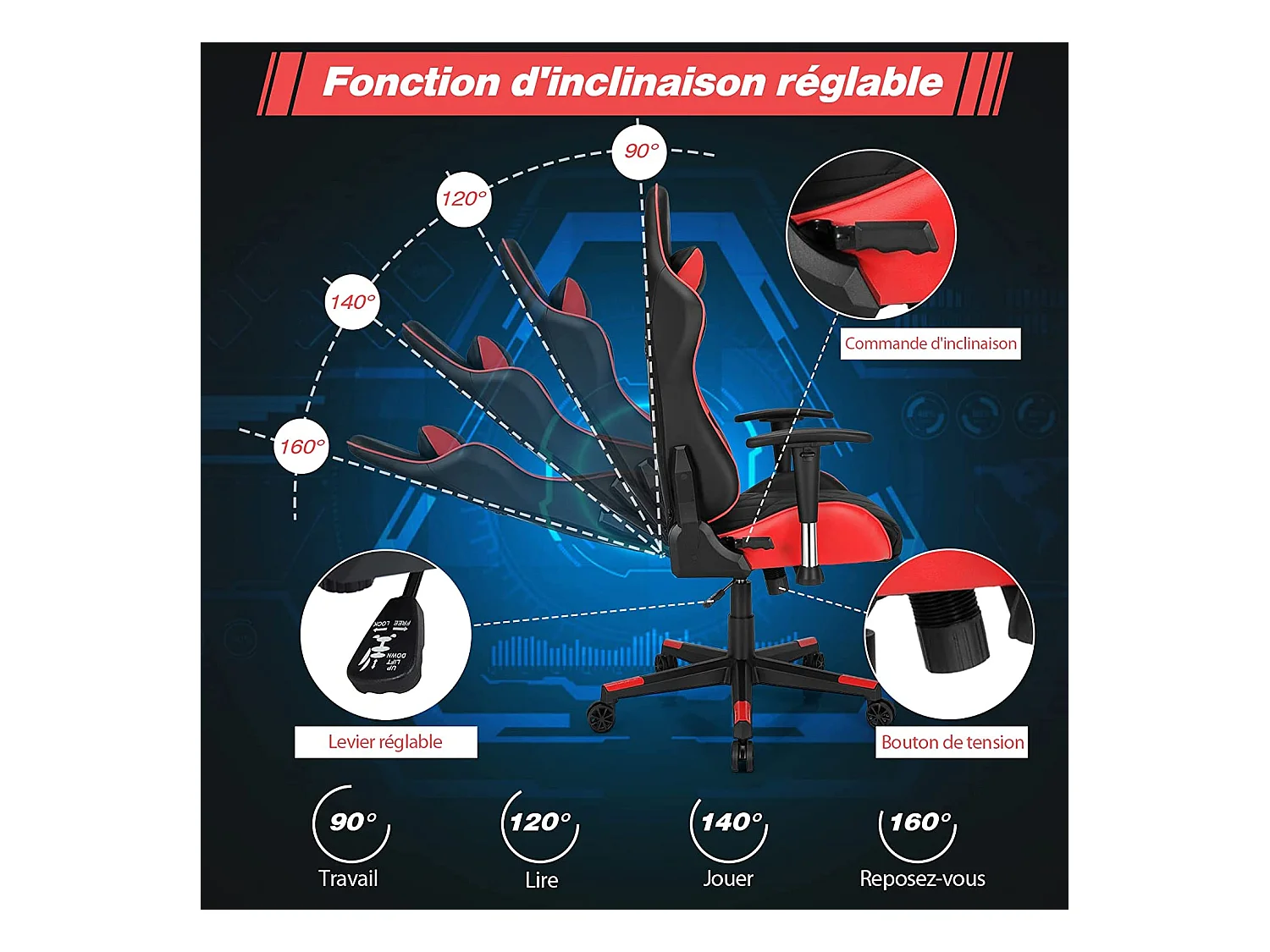 Chaise de Bureau/Chaise Gaming Réglable à Dossier Inclinable de 90°-160° avec Appui-tête, Renfort Lombaire et Accoudoirs Rembourrés Rouge