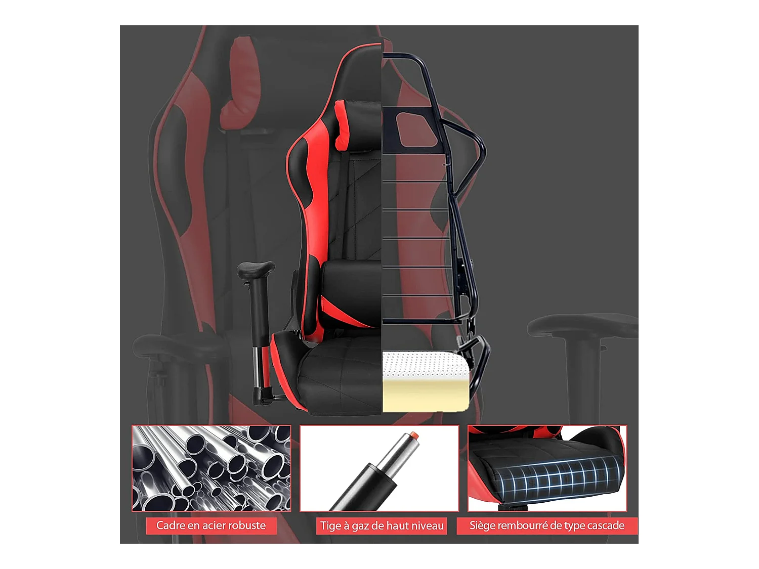 Chaise de Bureau/Chaise Gaming Réglable à Dossier Inclinable de 90°-160° avec Appui-tête, Renfort Lombaire et Accoudoirs Rembourrés Rouge