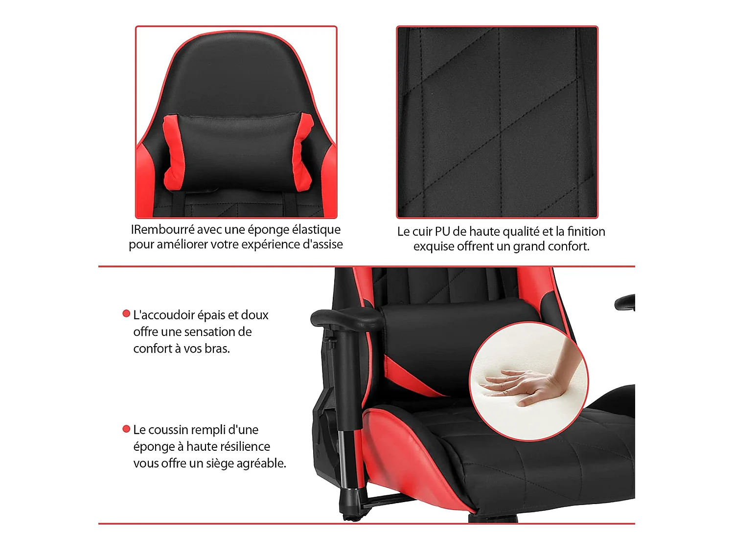 Chaise de Bureau/Chaise Gaming Réglable à Dossier Inclinable de 90°-160° avec Appui-tête, Renfort Lombaire et Accoudoirs Rembourrés Rouge