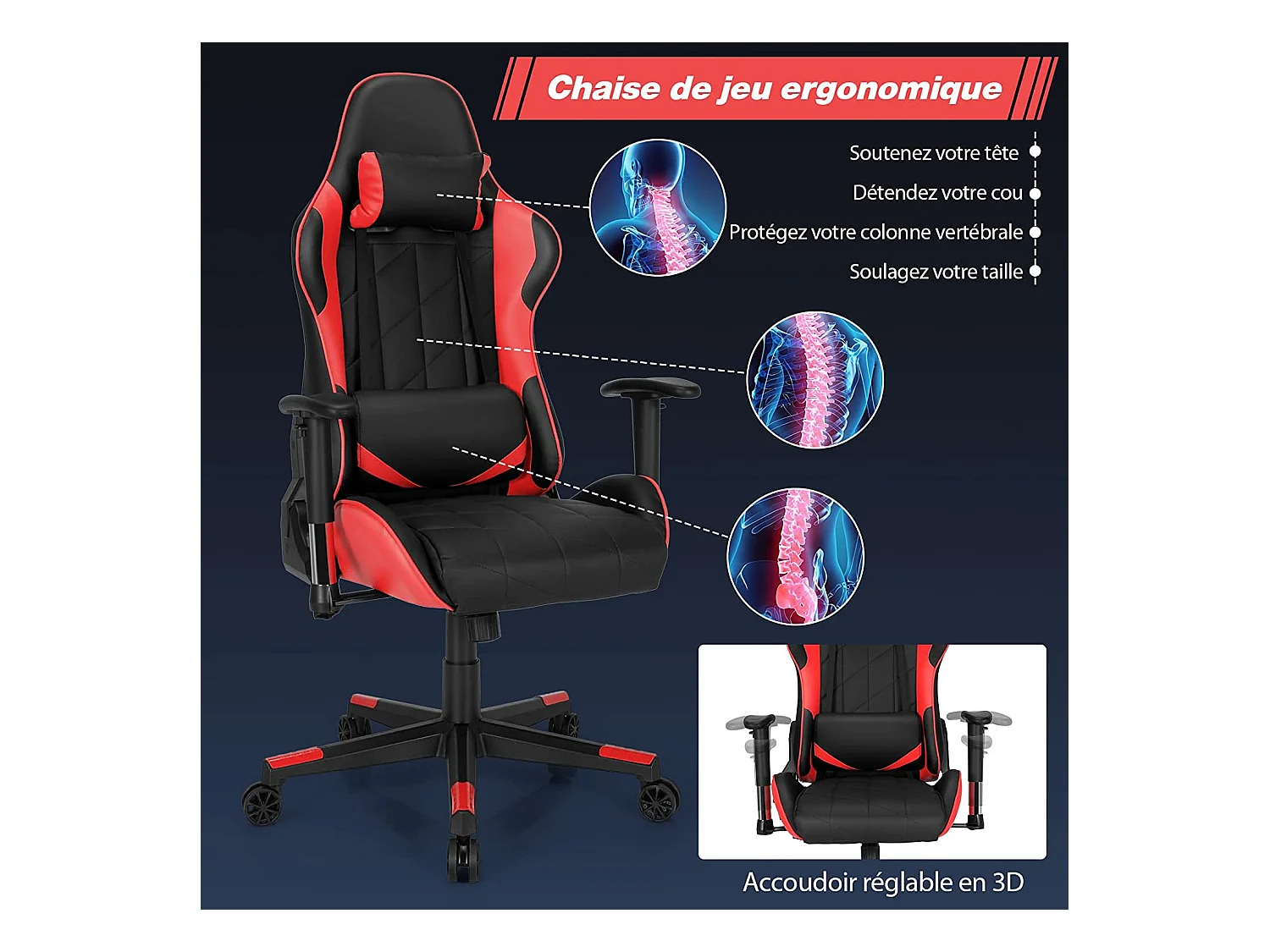 Chaise de Bureau/Chaise Gaming Réglable à Dossier Inclinable de 90°-160° avec Appui-tête, Renfort Lombaire et Accoudoirs Rembourrés Rouge