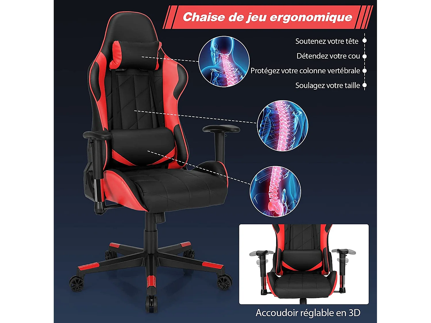 Chaise de Bureau/Chaise Gaming Réglable à Dossier Inclinable de 90°-160° avec Appui-tête, Renfort Lombaire et Accoudoirs Rembourrés Rouge