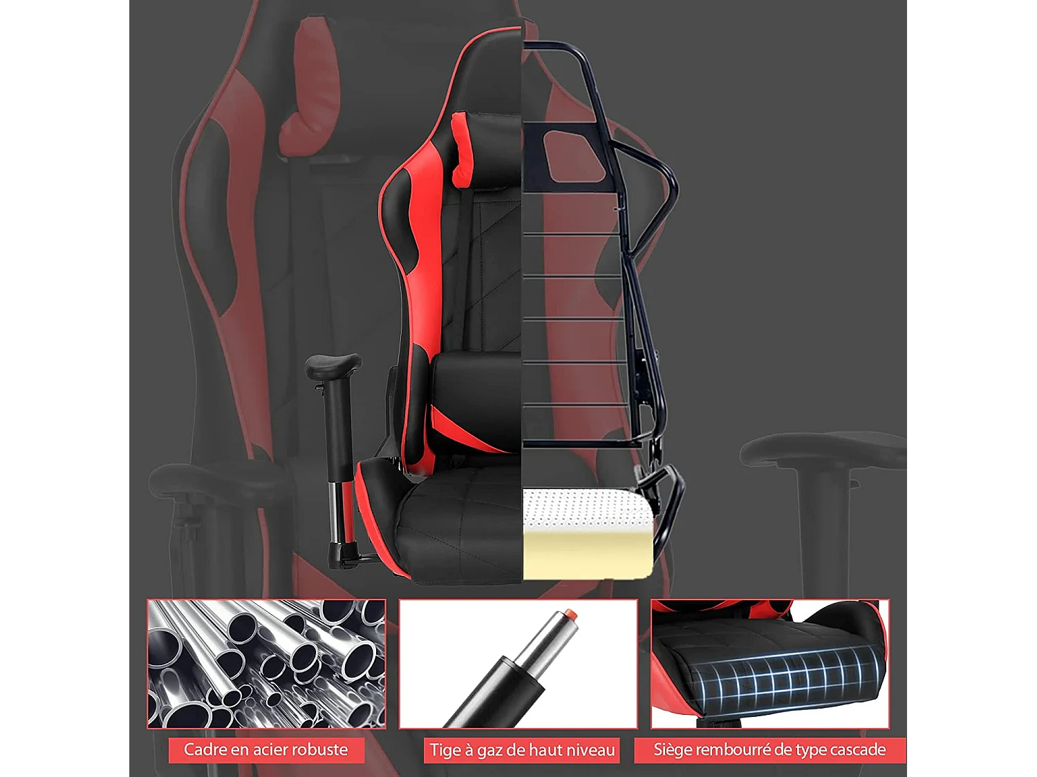 Chaise de Bureau/Chaise Gaming Réglable à Dossier Inclinable de 90°-160° avec Appui-tête, Renfort Lombaire et Accoudoirs Rembourrés Rouge