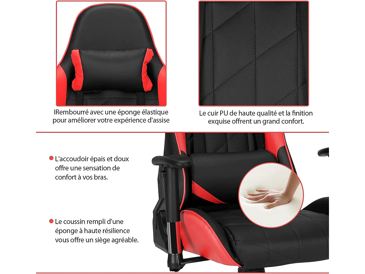 Chaise de Bureau/Chaise Gaming Réglable à Dossier Inclinable de 90°-160° avec Appui-tête, Renfort Lombaire et Accoudoirs Rembourrés Rouge