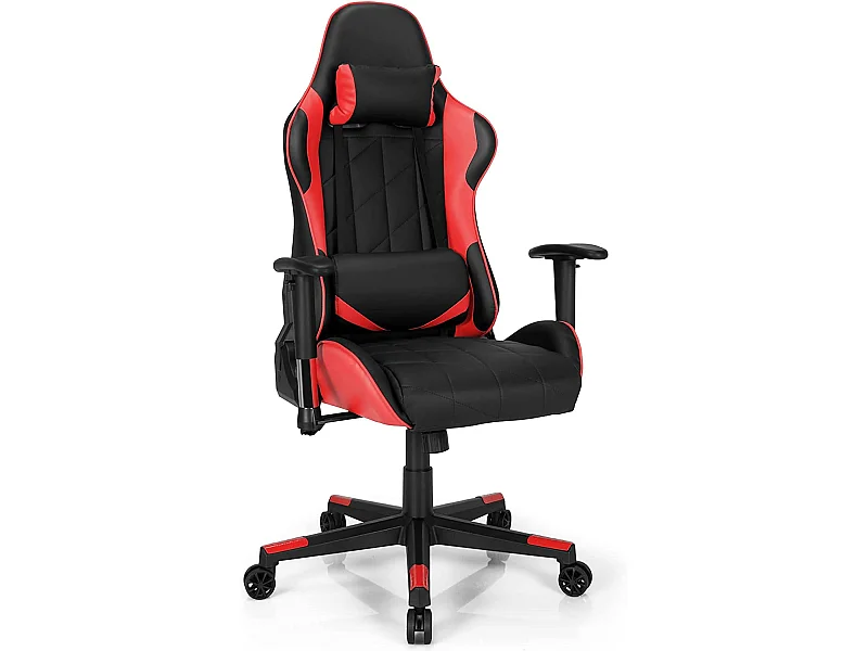 Chaise de Bureau/Chaise Gaming Réglable à Dossier Inclinable de 90°-160° avec Appui-tête, Renfort Lombaire et Accoudoirs Rembourrés Rouge