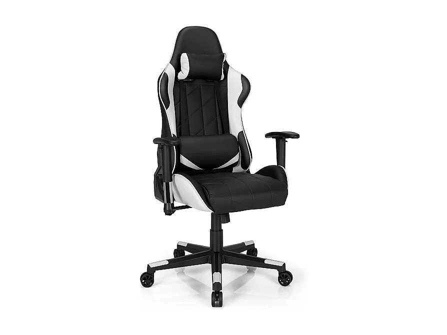 Chaise de Bureau/Chaise Gaming Réglable à Dossier Inclinable de 90°-160° avec Appui-tête, Renfort Lombaire et Accoudoirs Rembourrés Blanc
